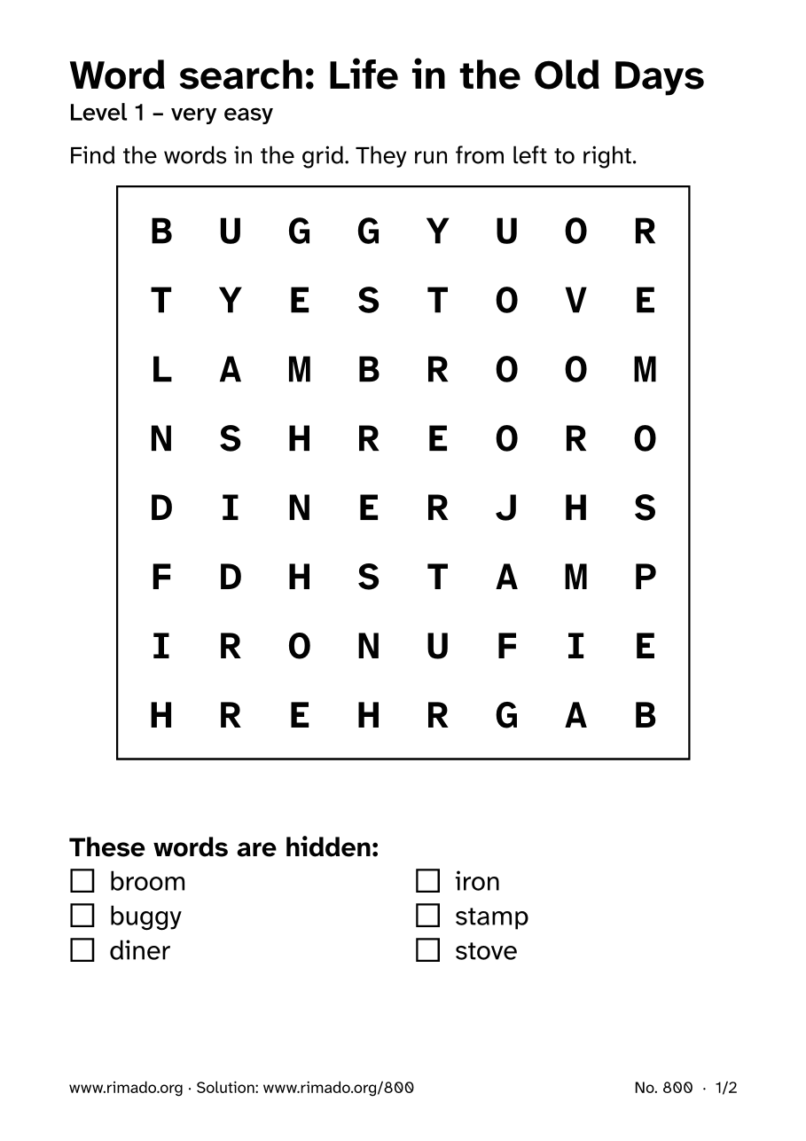Preview of the printed page: Word search “Life in the Old Days”, no. 800