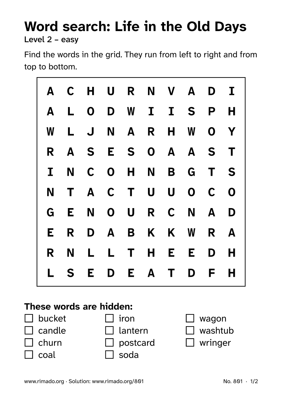 Preview of the printed page: Word search “Life in the Old Days”, no. 801