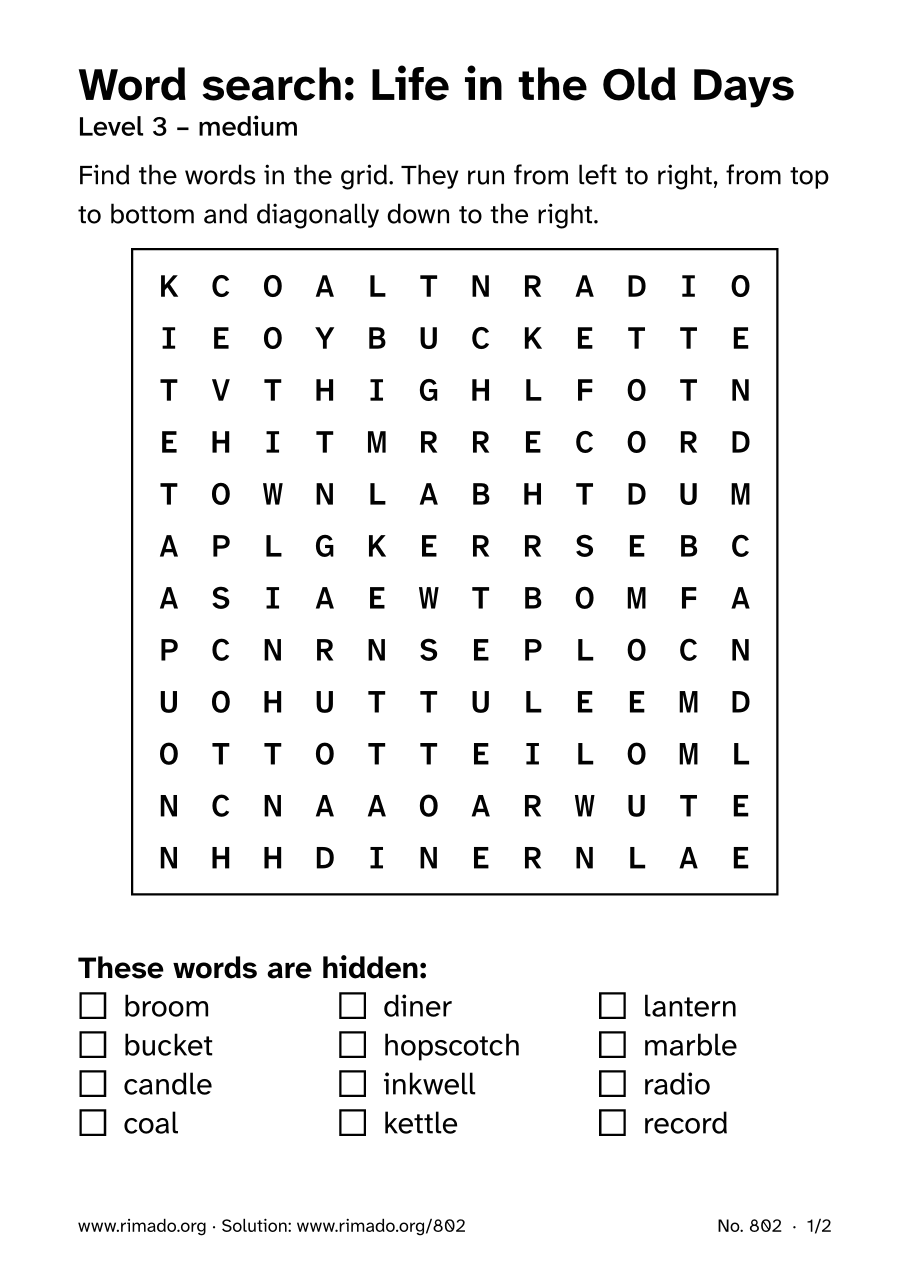 Preview of the printed page: Word search “Life in the Old Days”, no. 802