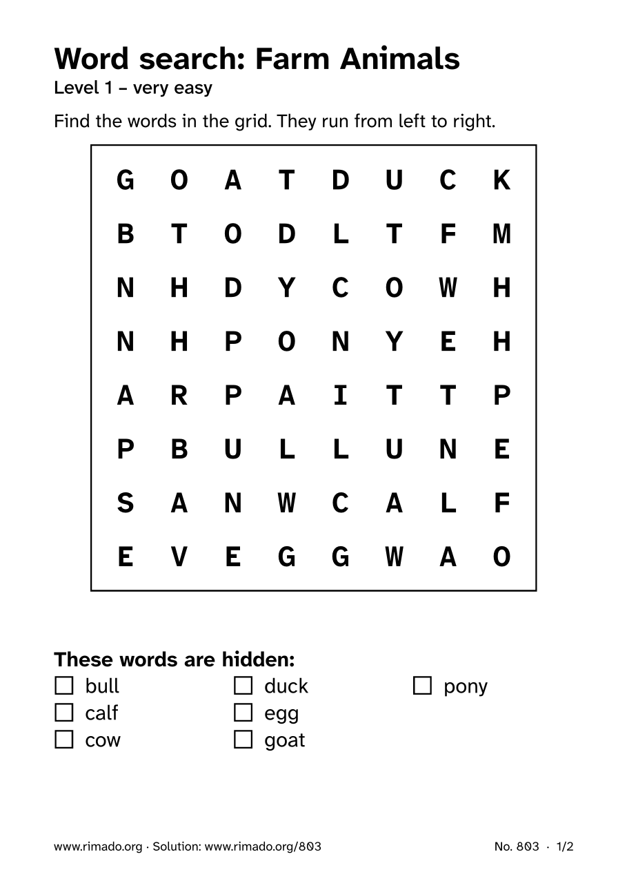 Preview of the printed page: Word search “Farm Animals”, no. 803