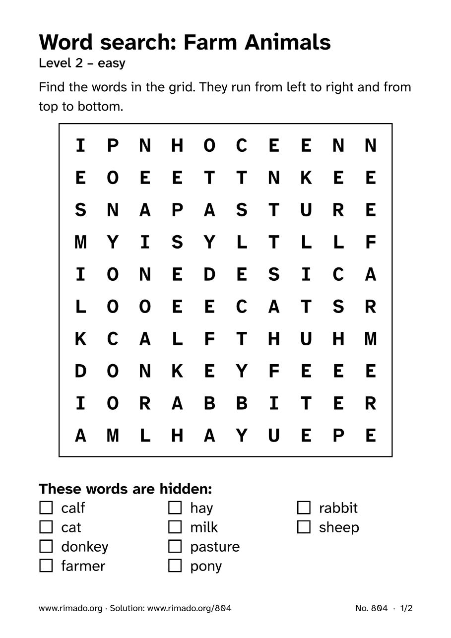 Preview of the printed page: Word search “Farm Animals”, no. 804