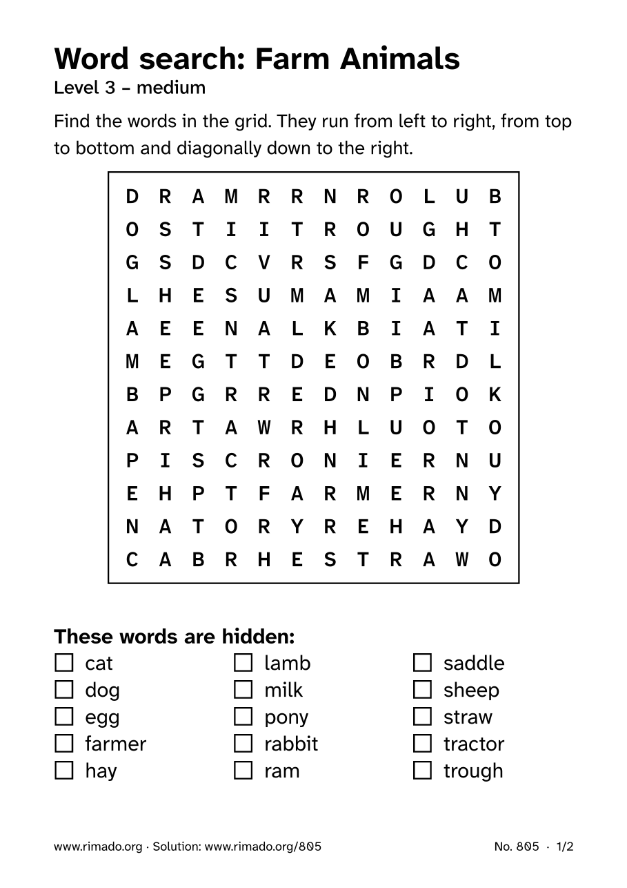 Preview of the printed page: Word search “Farm Animals”, no. 805