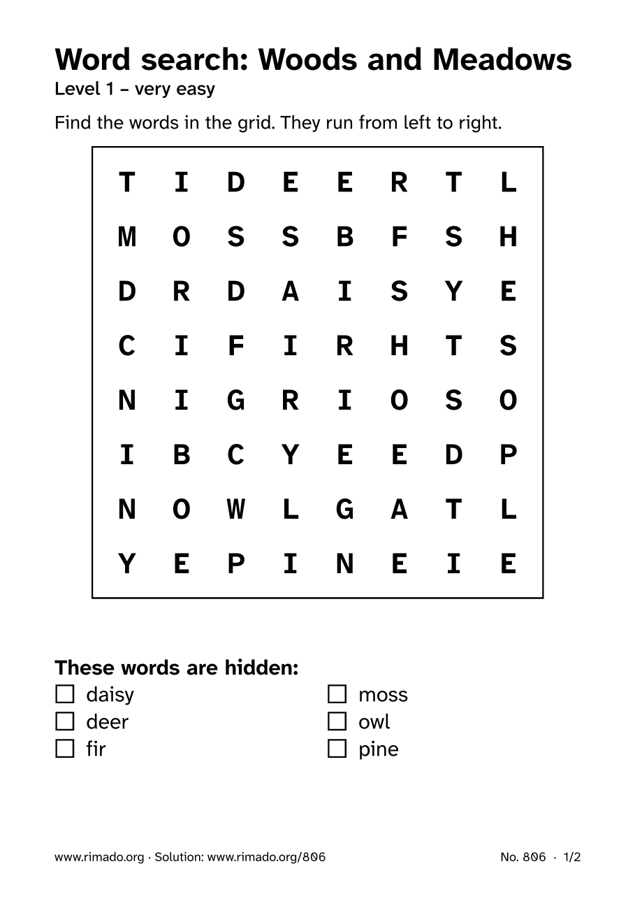 Preview of the printed page: Word search “Woods and Meadows”, no. 806