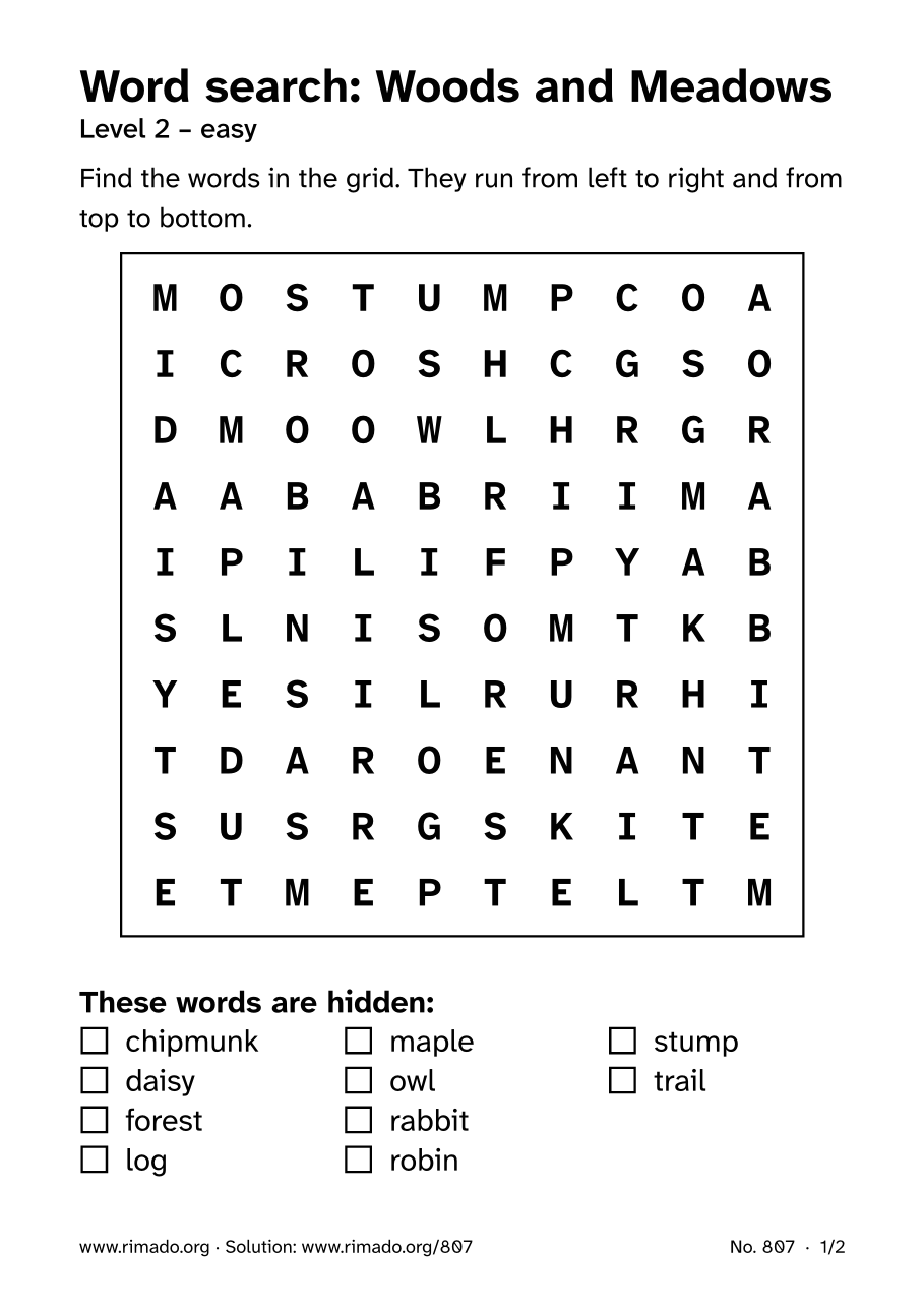 Preview of the printed page: Word search “Woods and Meadows”, no. 807