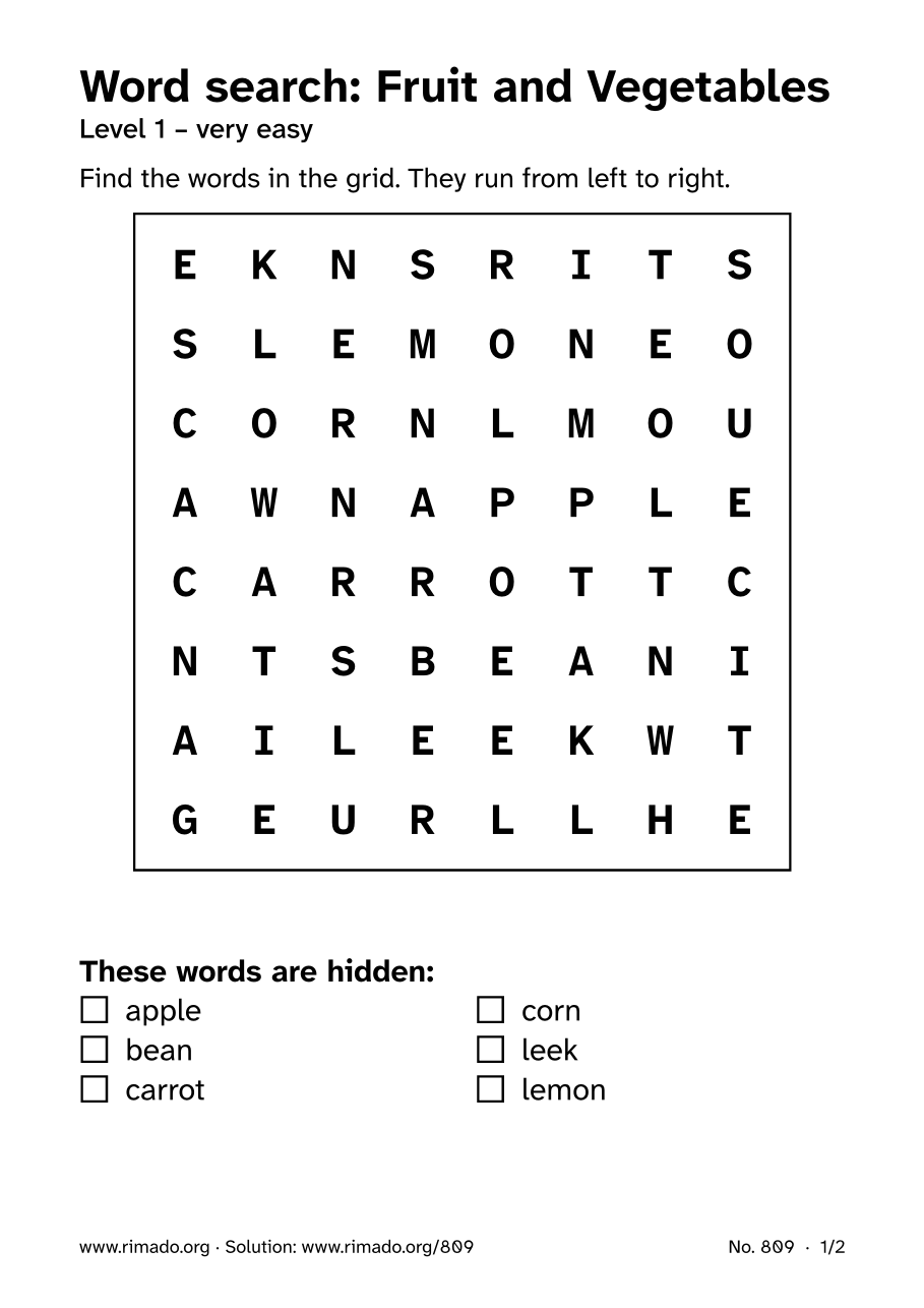 Preview of the printed page: Word search “Fruit and Vegetables”, no. 809