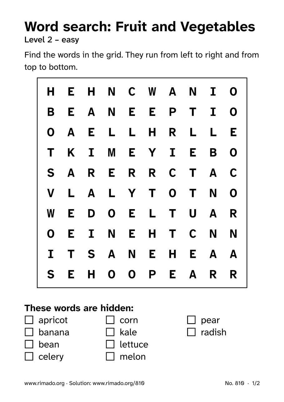 Preview of the printed page: Word search “Fruit and Vegetables”, no. 810