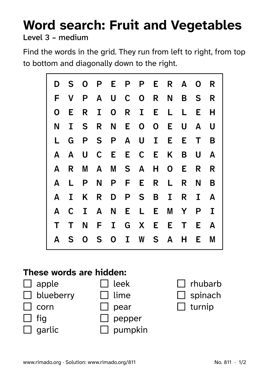 Preview of the printed page: Word search “Fruit and Vegetables”, no. 811