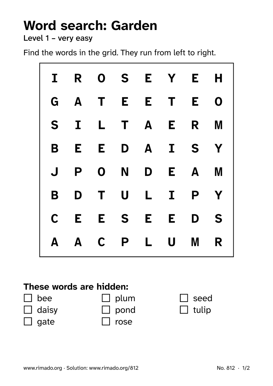 Preview of the printed page: Word search “Garden”, no. 812