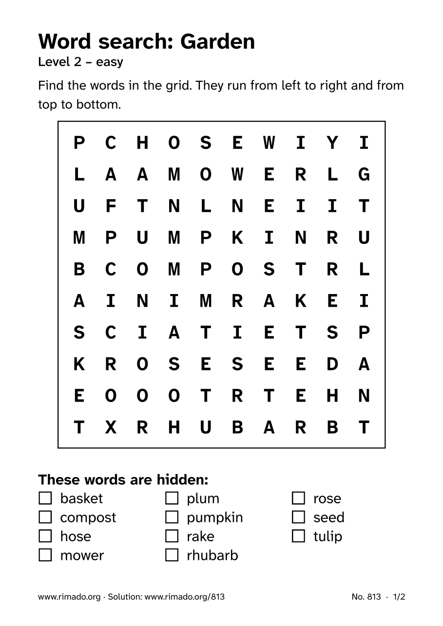 Preview of the printed page: Word search “Garden”, no. 813