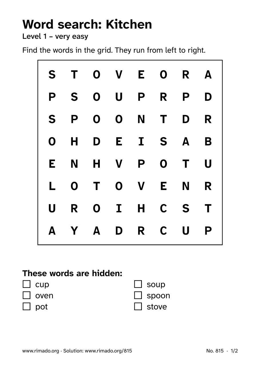 Preview of the printed page: Word search “Kitchen”, no. 815