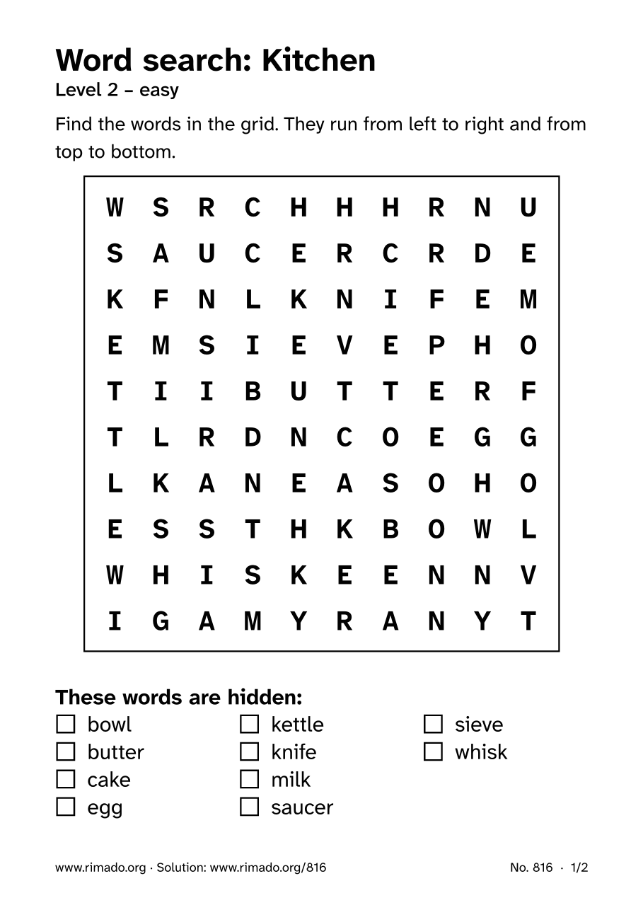Preview of the printed page: Word search “Kitchen”, no. 816