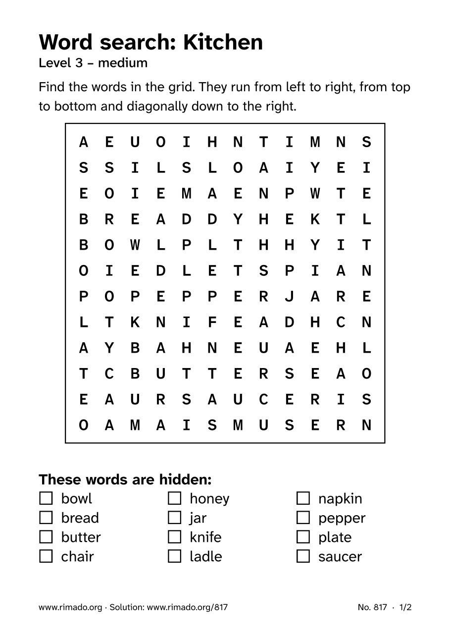 Preview of the printed page: Word search “Kitchen”, no. 817