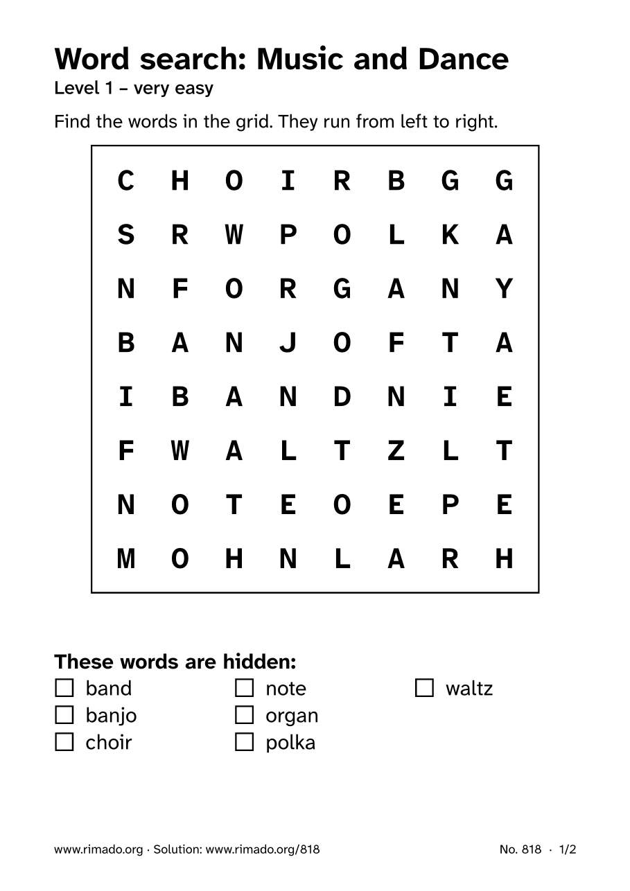Preview of the printed page: Word search “Music and Dance”, no. 818