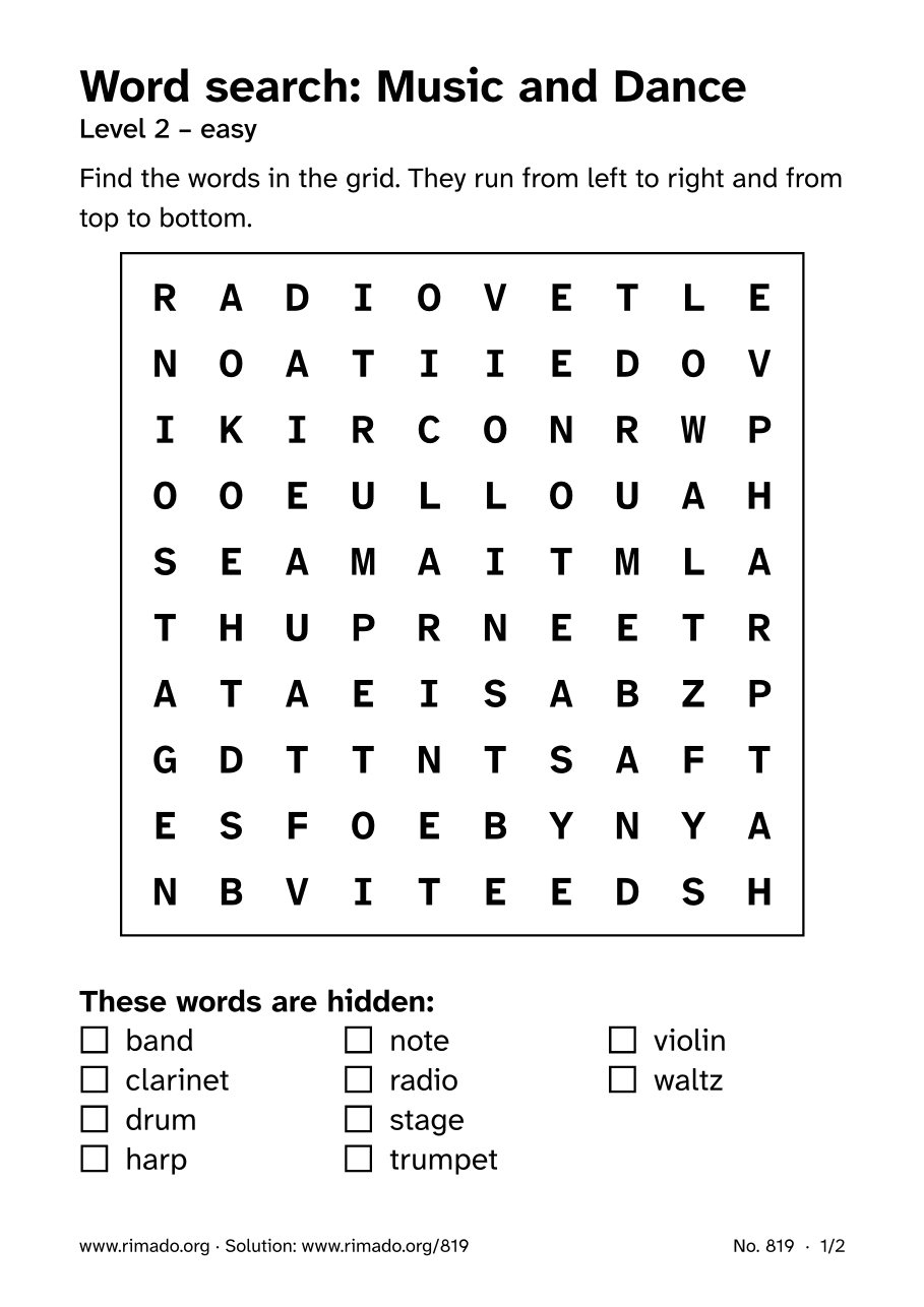 Preview of the printed page: Word search “Music and Dance”, no. 819