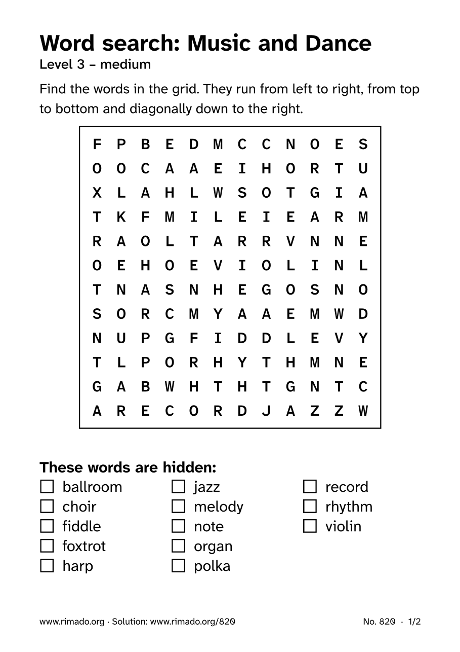 Preview of the printed page: Word search “Music and Dance”, no. 820