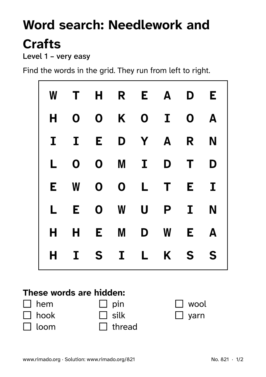 Preview of the printed page: Word search “Needlework and Crafts”, no. 821