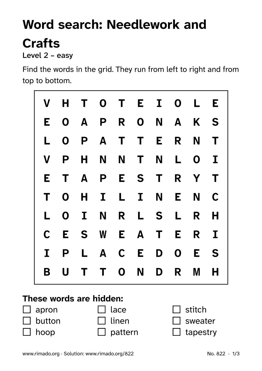 Preview of the printed page: Word search “Needlework and Crafts”, no. 822