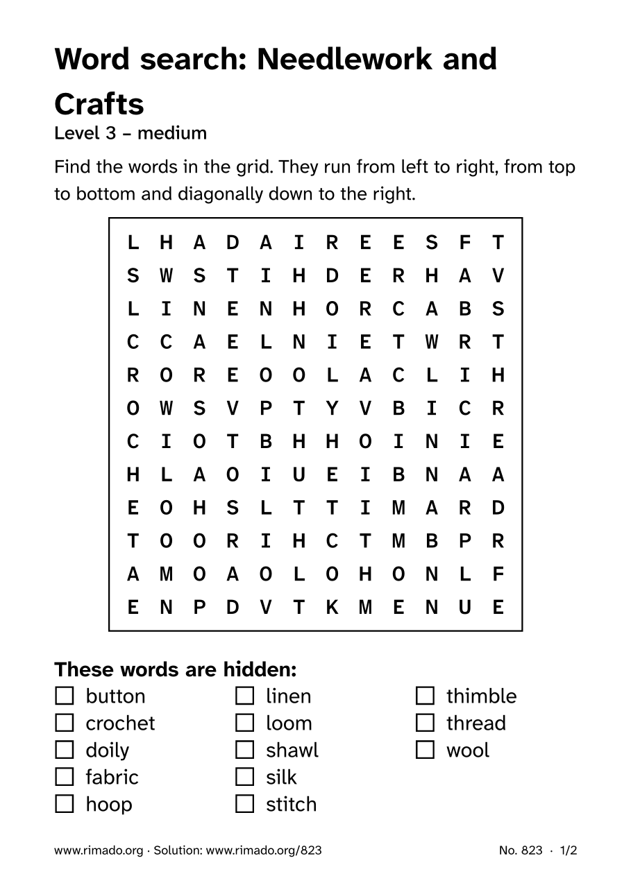 Preview of the printed page: Word search “Needlework and Crafts”, no. 823