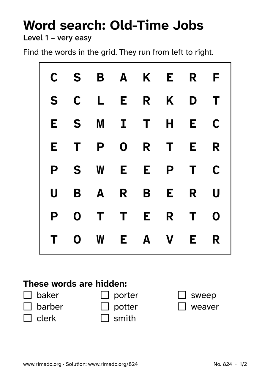 Preview of the printed page: Word search “Old-Time Jobs”, no. 824