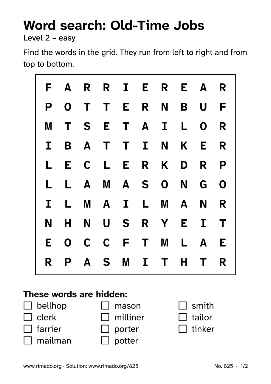 Preview of the printed page: Word search “Old-Time Jobs”, no. 825