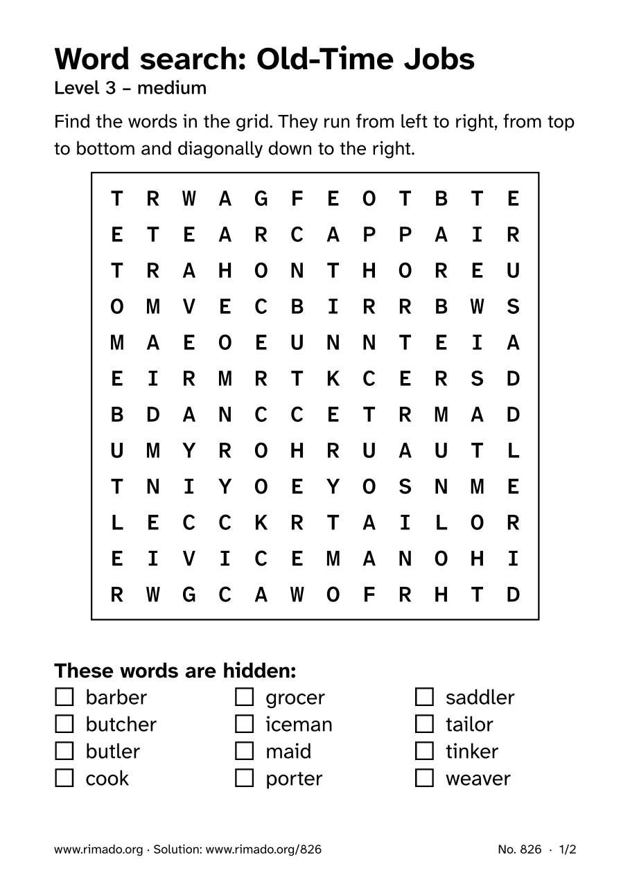 Preview of the printed page: Word search “Old-Time Jobs”, no. 826