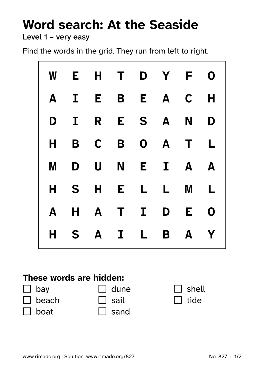 Preview of the printed page: Word search “At the Seaside”, no. 827