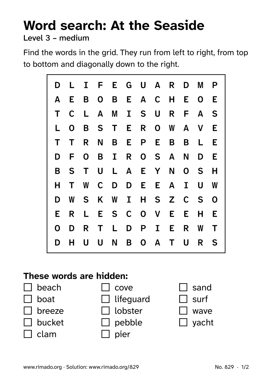 Preview of the printed page: Word search “At the Seaside”, no. 829