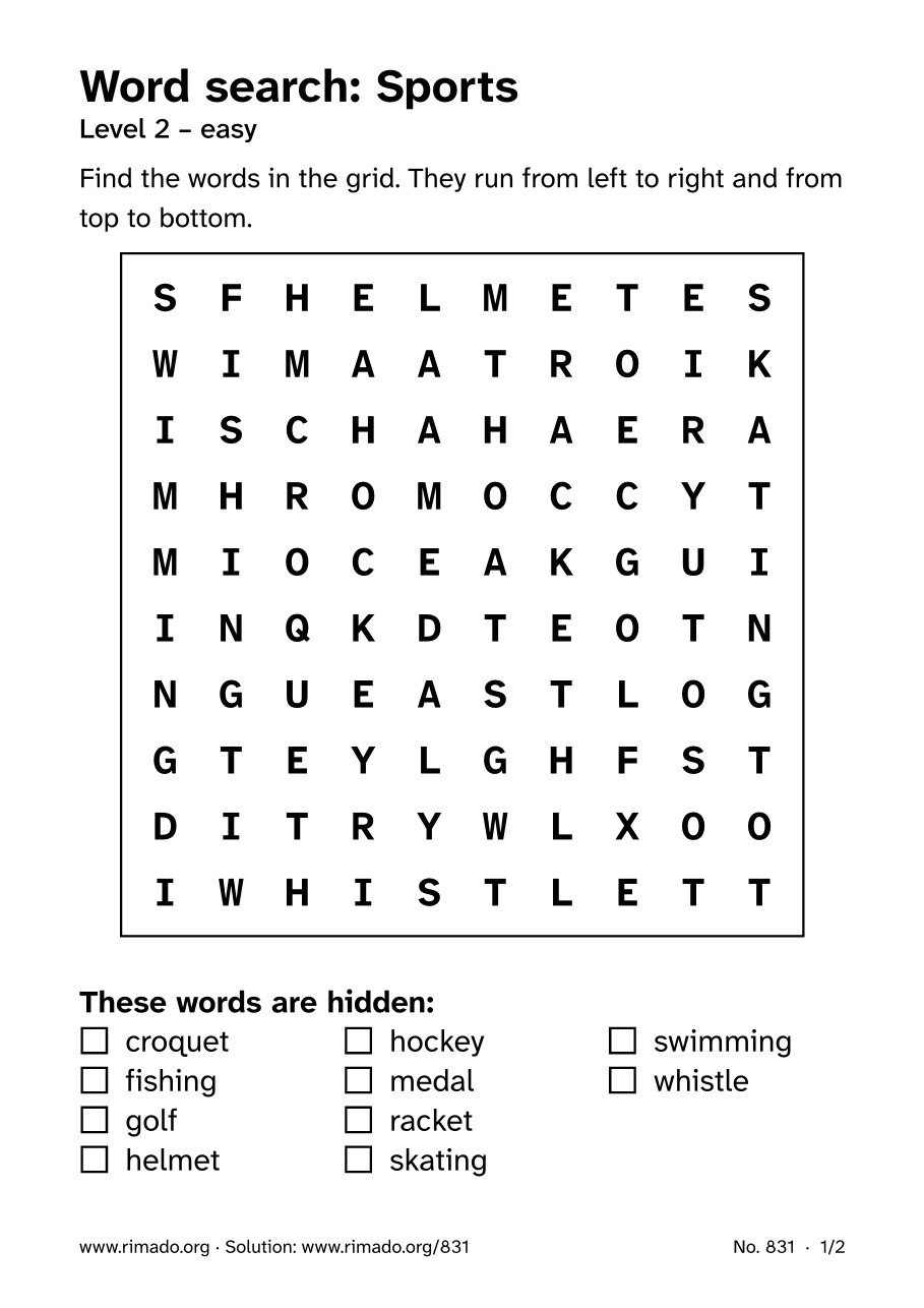 Preview of the printed page: Word search “Sports”, no. 831