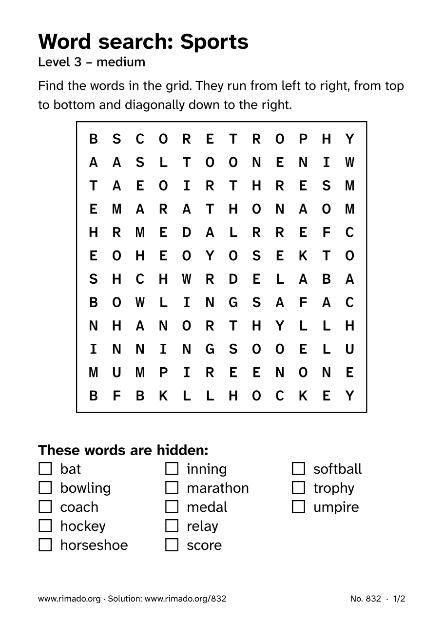 Preview of the printed page: Word search “Sports”, no. 832