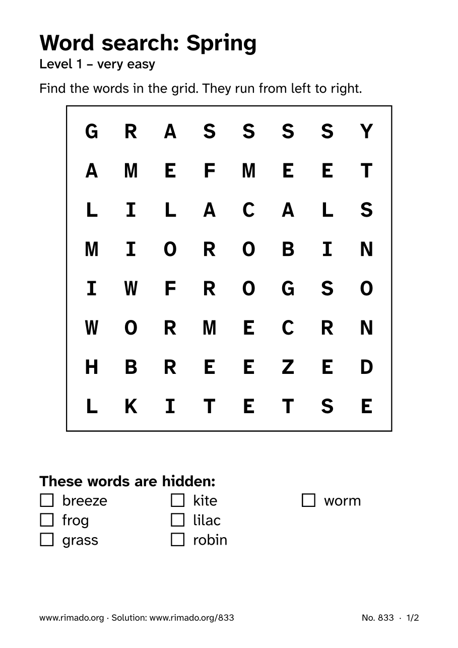 Preview of the printed page: Word search “Spring”, no. 833