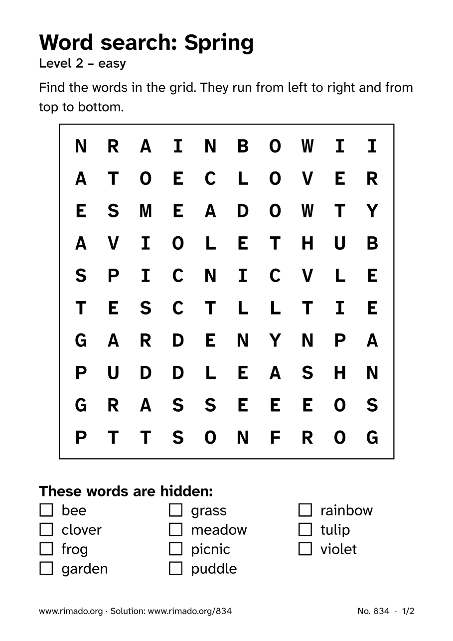 Preview of the printed page: Word search “Spring”, no. 834