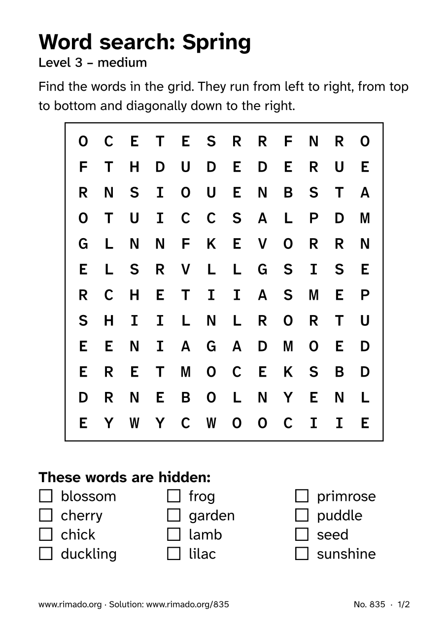 Preview of the printed page: Word search “Spring”, no. 835