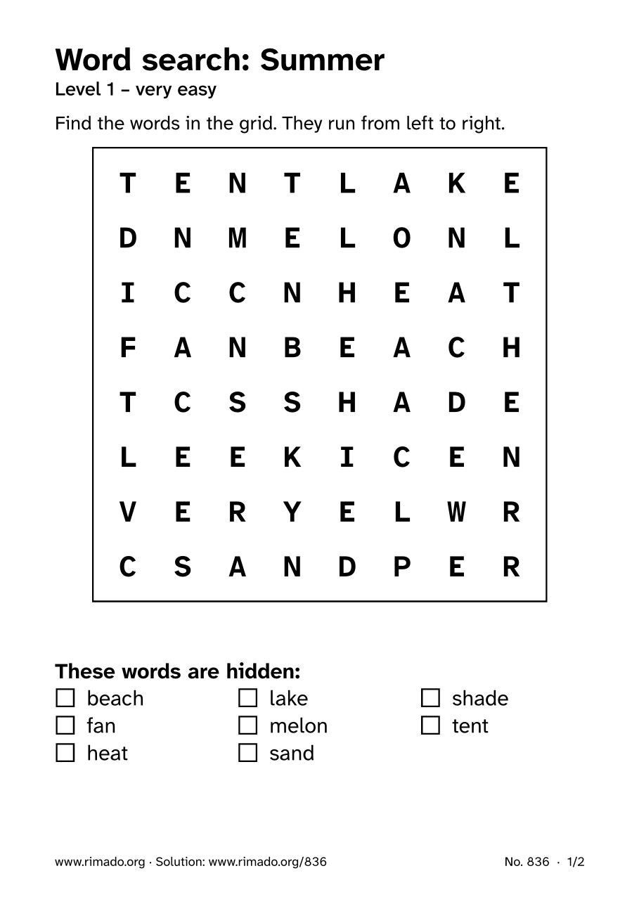 Preview of the printed page: Word search “Summer”, no. 836