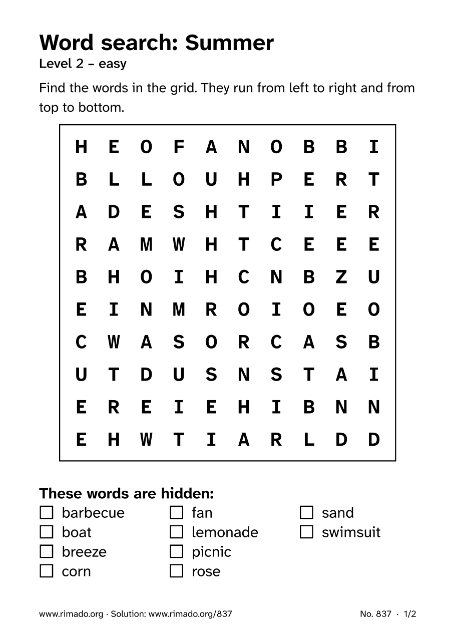 Preview of the printed page: Word search “Summer”, no. 837