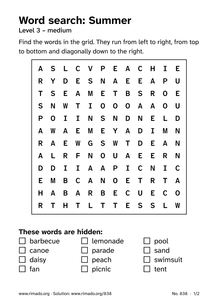 Preview of the printed page: Word search “Summer”, no. 838