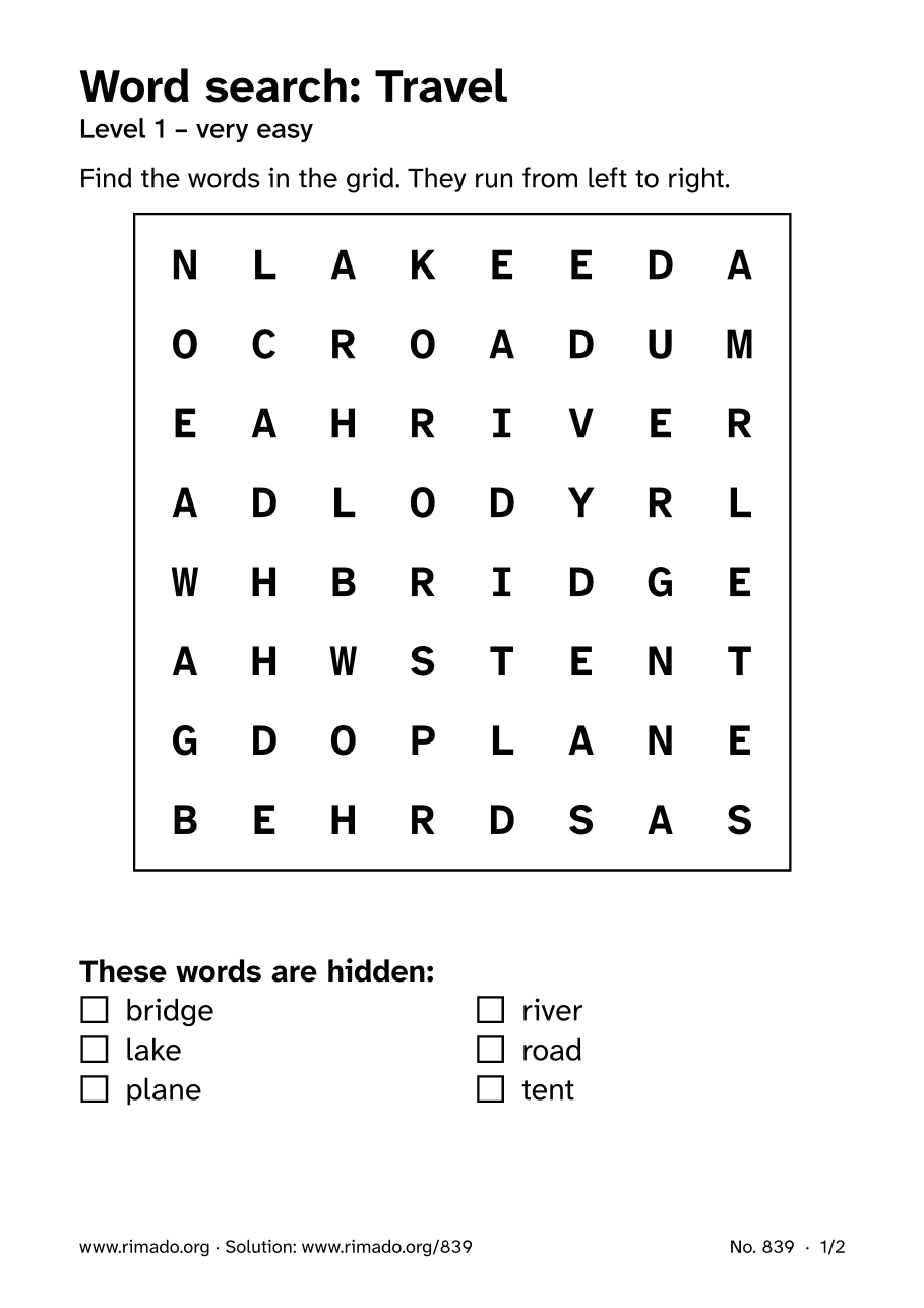 Preview of the printed page: Word search “Travel”, no. 839