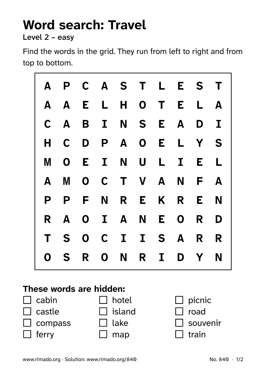 Preview of the printed page: Word search “Travel”, no. 840