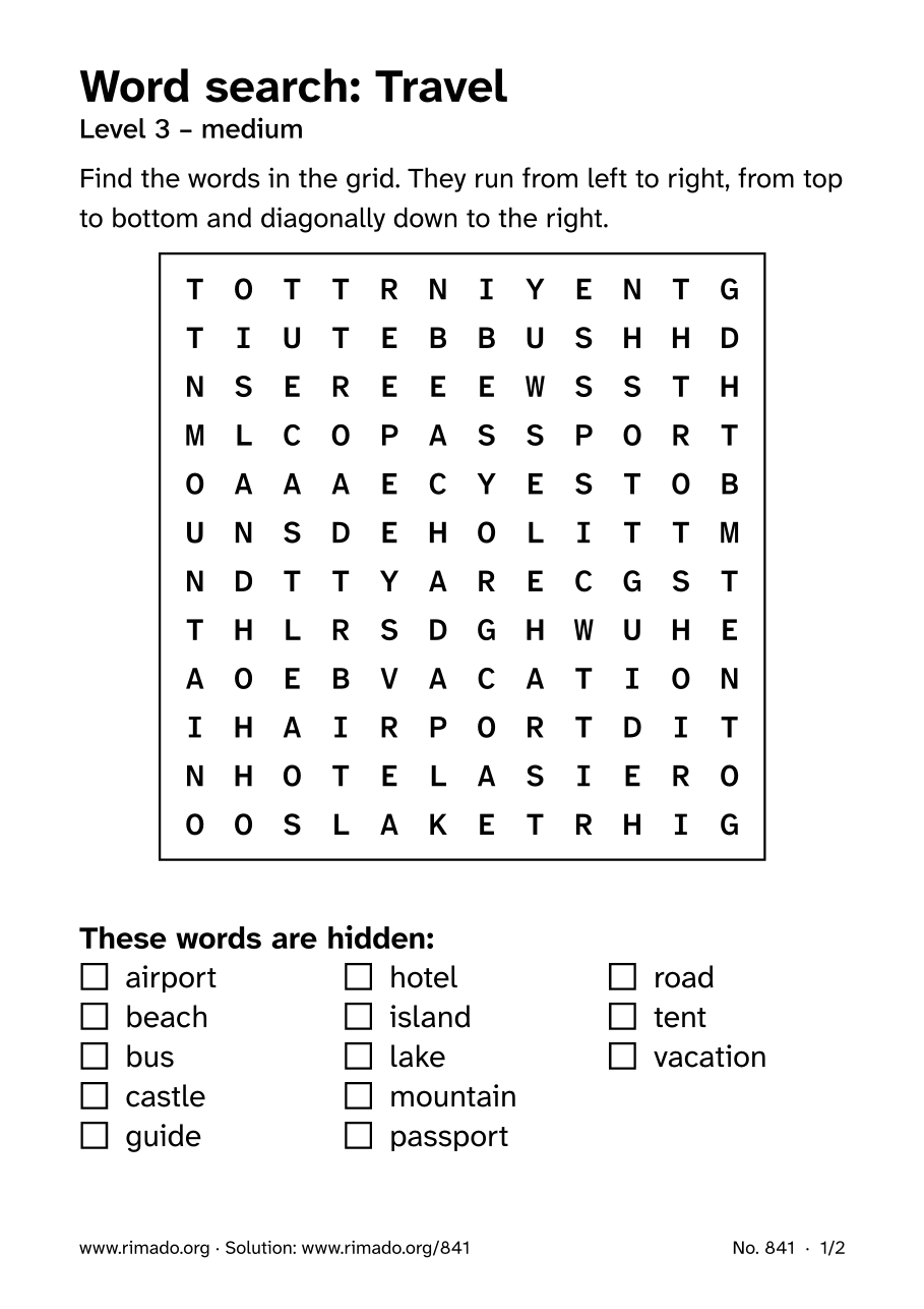 Preview of the printed page: Word search “Travel”, no. 841