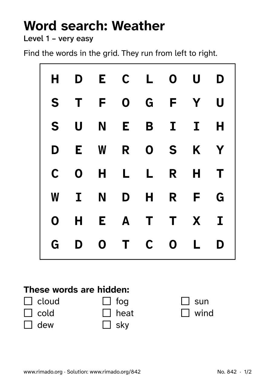 Preview of the printed page: Word search “Weather”, no. 842