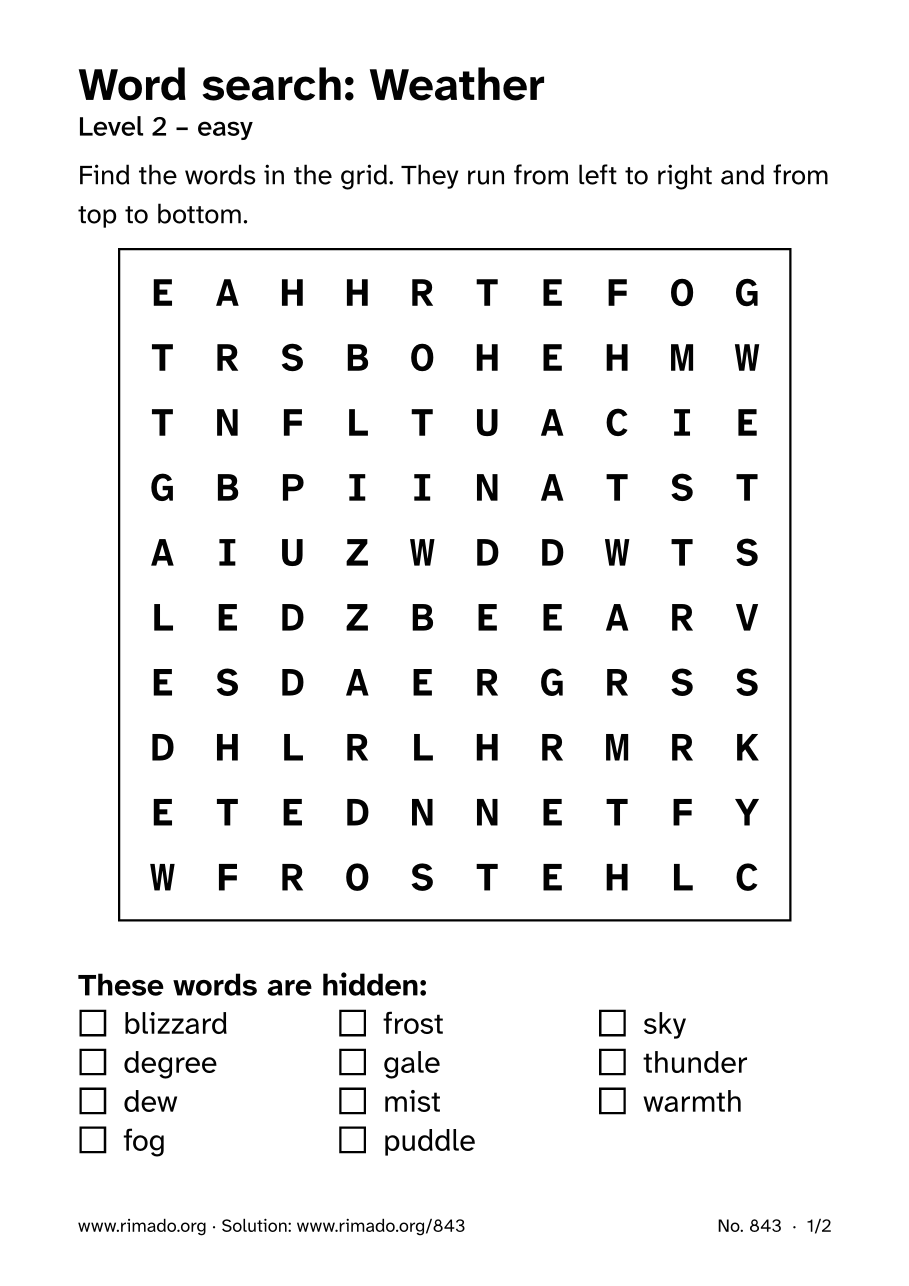 Preview of the printed page: Word search “Weather”, no. 843