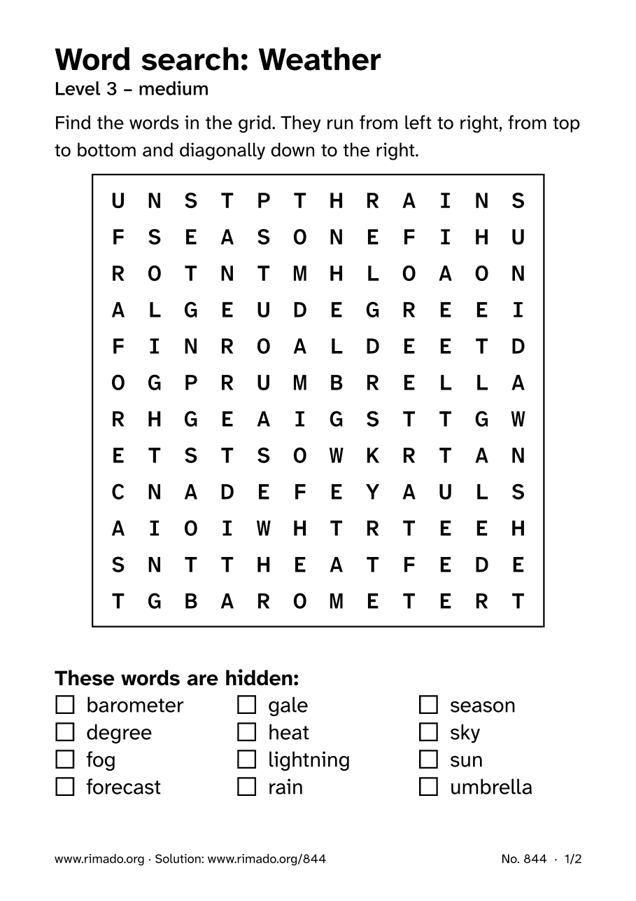Preview of the printed page: Word search “Weather”, no. 844