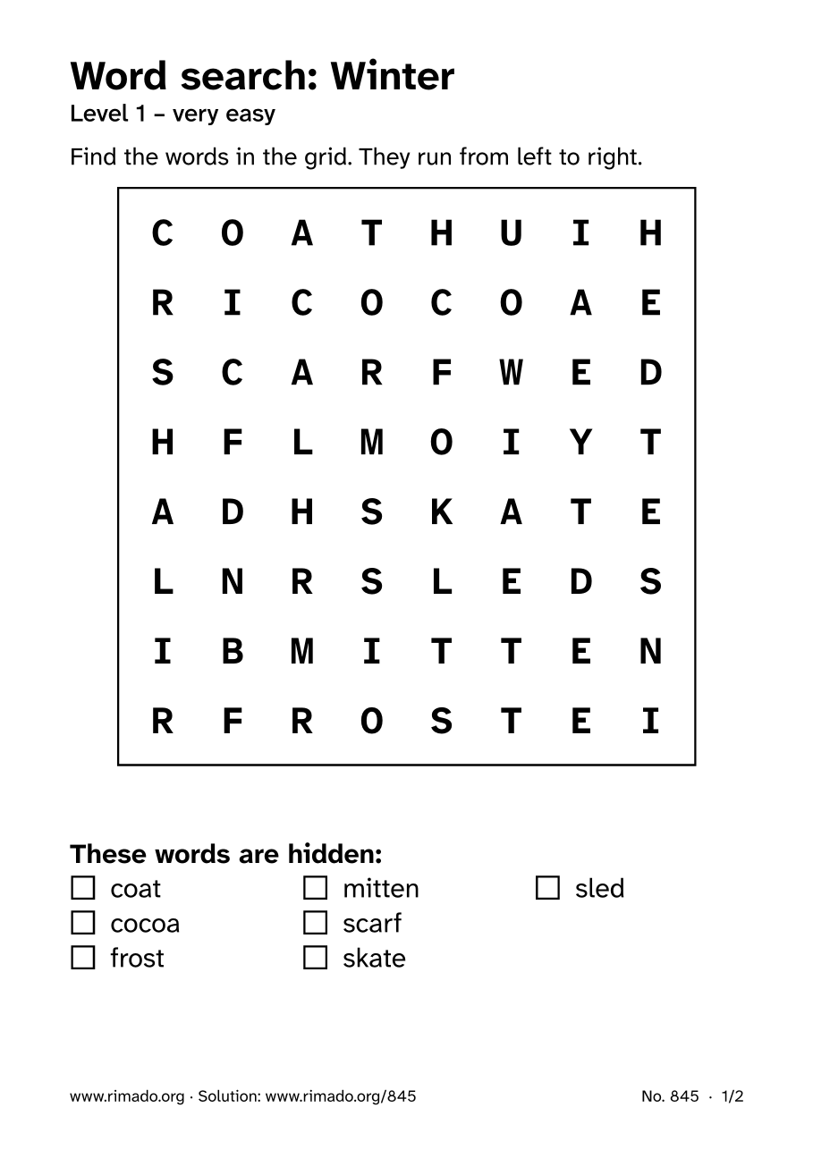 Preview of the printed page: Word search “Winter”, no. 845