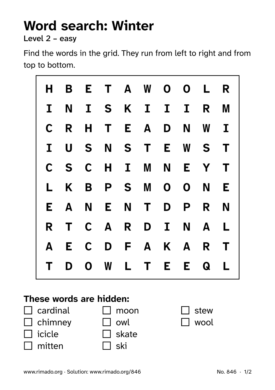 Preview of the printed page: Word search “Winter”, no. 846