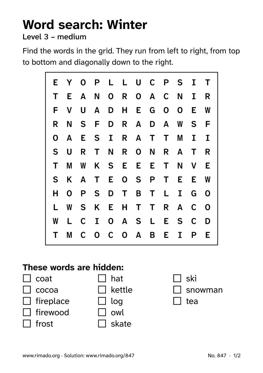 Preview of the printed page: Word search “Winter”, no. 847