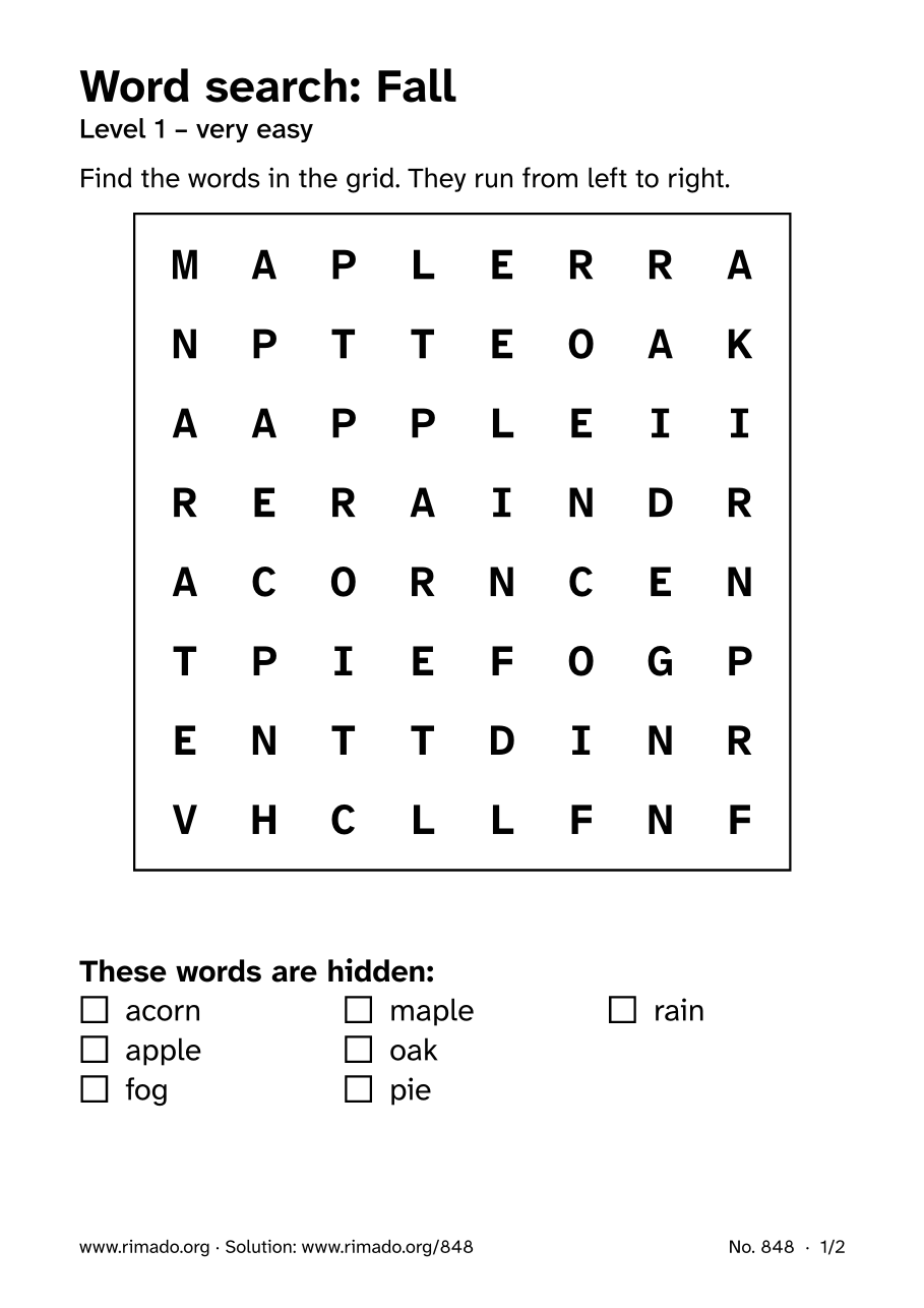 Preview of the printed page: Word search “Fall”, no. 848