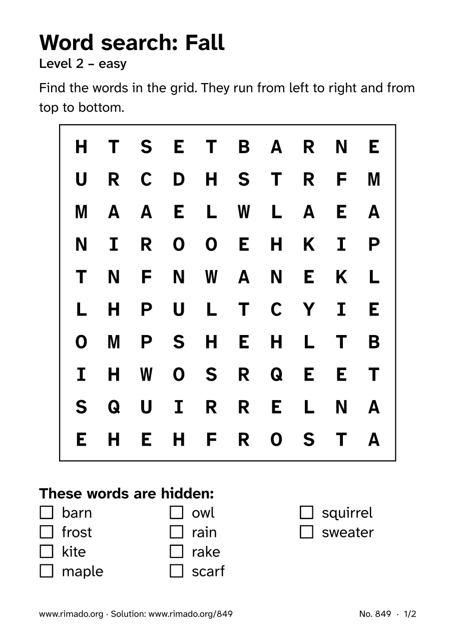 Preview of the printed page: Word search “Fall”, no. 849