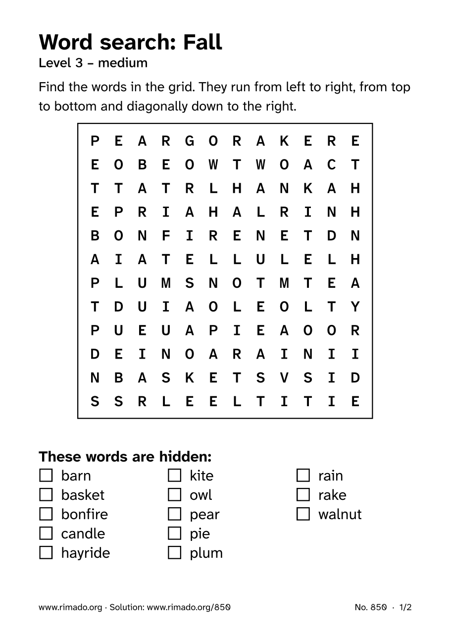 Preview of the printed page: Word search “Fall”, no. 850