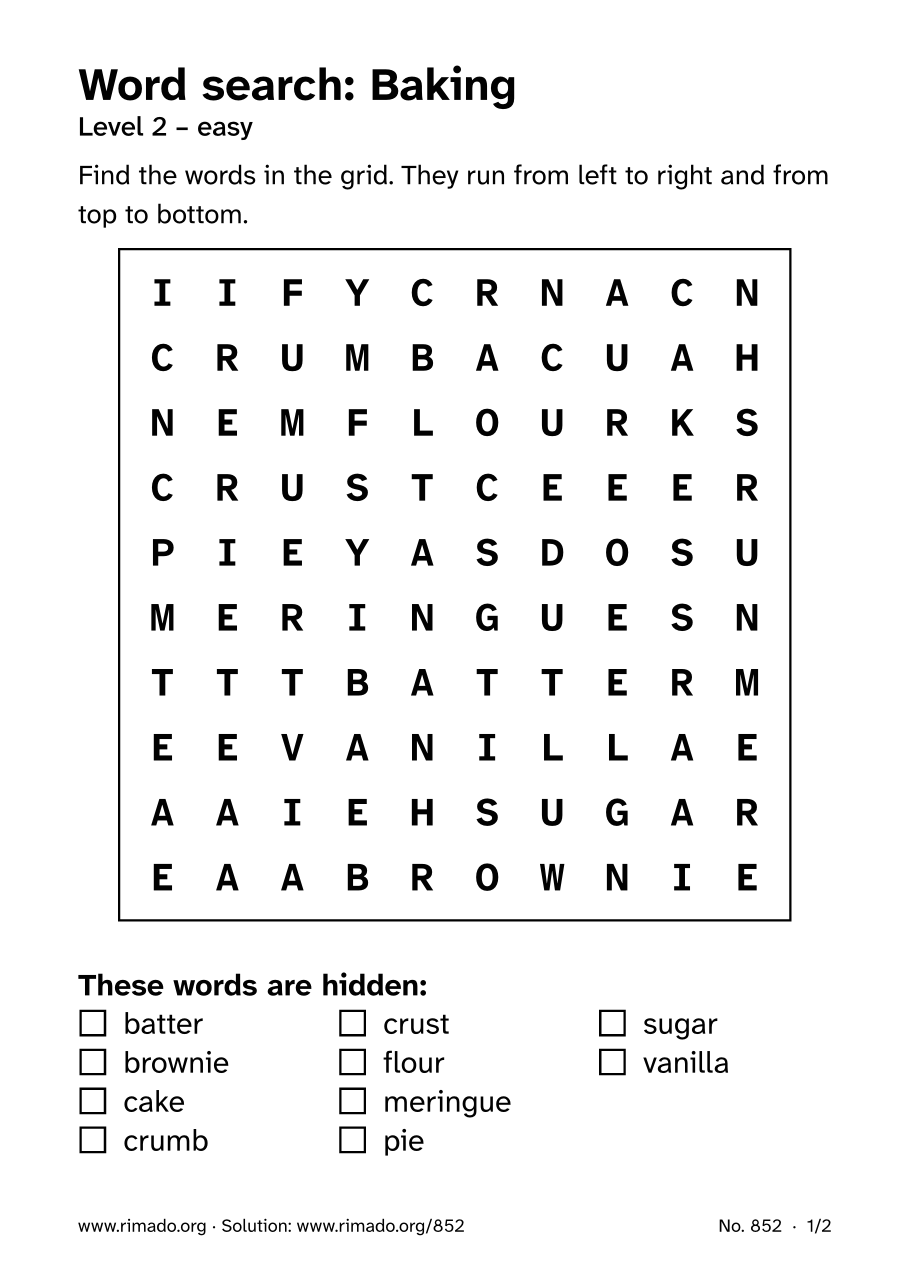 Preview of the printed page: Word search “Baking”, no. 852