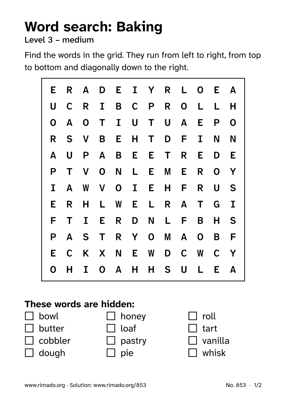 Preview of the printed page: Word search “Baking”, no. 853