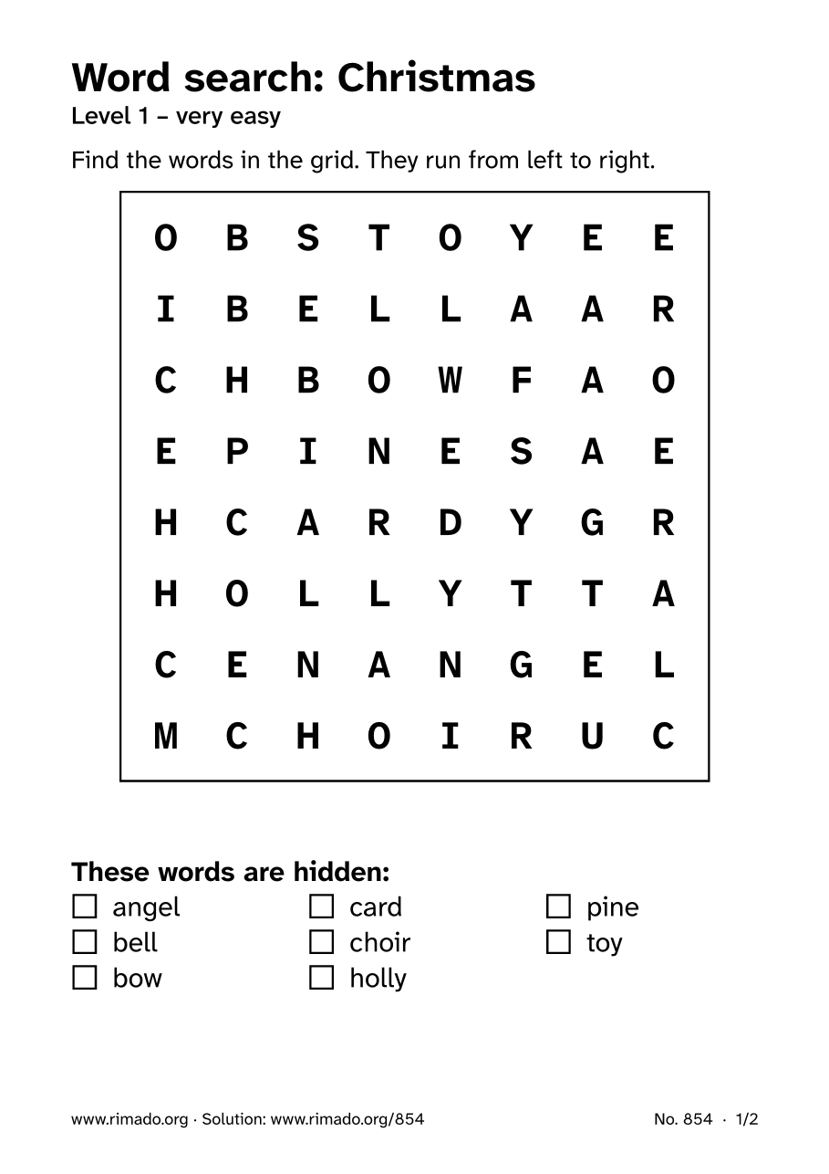Preview of the printed page: Word search “Christmas”, no. 854